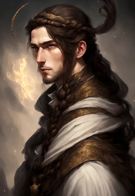 portrait art, young sorcerer, half a turn, brown hair with one waist-length braid, no beard, grey eyes, medieval era fantasy