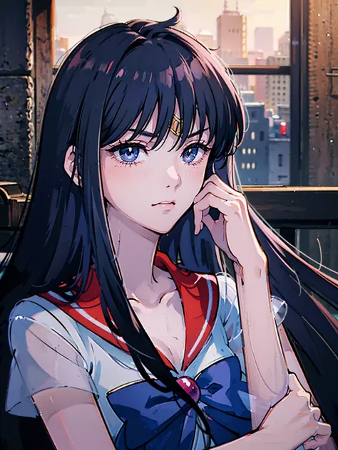 masterpiece, Highest quality, 8k Sailor Mars, Unhealthy face;1.9, Dark Eyes;1.5, Dark circles under the eyes, Long Hair, Long Bangs, Eyes through the bangs, Big eyes,　Blue Eyes, Bust Shot, Yandere, Unhappy face, Regular faceless