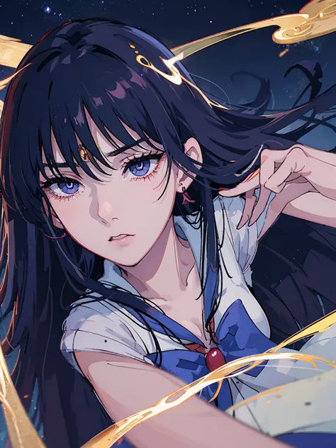 masterpiece, Highest quality, 8k Sailor Mars, Unhealthy face;1.9, Dark Eyes;1.5, Dark circles under the eyes, Long Hair, Long Bangs, Eyes through the bangs, Big eyes,　Blue Eyes, Bust Shot, Yandere, Unhappy face, Regular faceless
