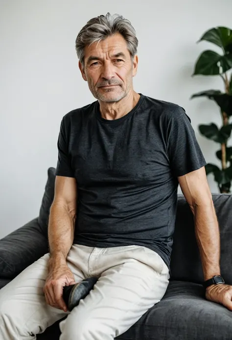 RAW photo, full body, 55-year-old man, wrinkles, casual t-shirt, sitting on the guest sofa, looking at the viewer, wearing black shoes, straight forward position, in front of the viewpoint,