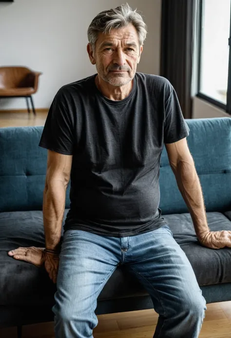 raw photo, full body, 55-year-old man, wrinkles, casual t-shirt, sitting on the guest sofa, looking at the viewer, wearing black...