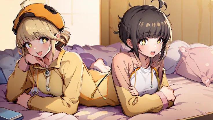 (masterpiece), short hair, brown hair, golden eyes, smile, pajamas, ahoge, open mouth, barefoot, pillow, black hair, on stomach,...