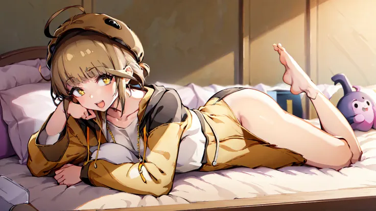 (masterpiece), short hair, brown hair, golden eyes, smile, pajamas, ahoge, open mouth, barefoot, pillow, black hair, on stomach, short hair, bed, lying, book, onesie