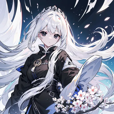 (Top image quality)、(Ultra Detailed)、(Facing forward)、top quality、masterpiece、(((1 girl)))、Silver Hair、white hair、((Long hair))、(black eyes:1.6)、(Hanfu:1.0)