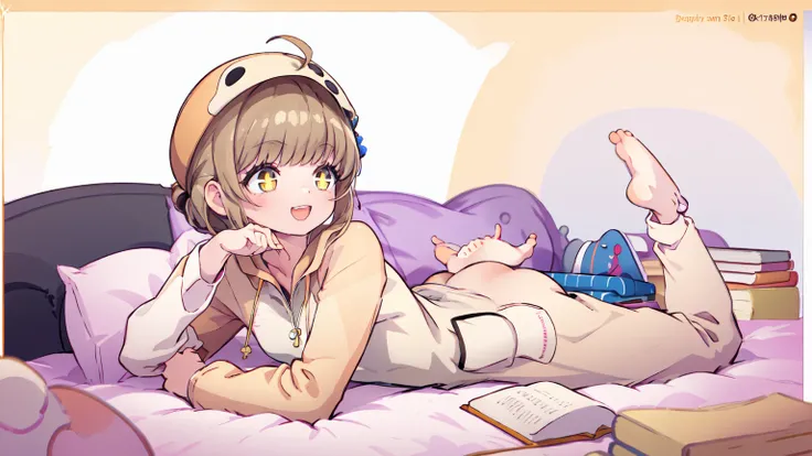 (masterpiece), short hair, brown hair, golden eyes, smile, pajamas, ahoge, open mouth, barefoot, pillow, black hair, on stomach, short hair, bed, lying, book, onesie