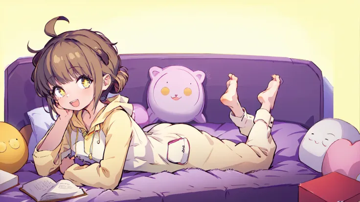 (masterpiece), short hair, brown hair, golden eyes, smile, pajamas, ahoge, open mouth, barefoot, pillow, black hair, on stomach,...