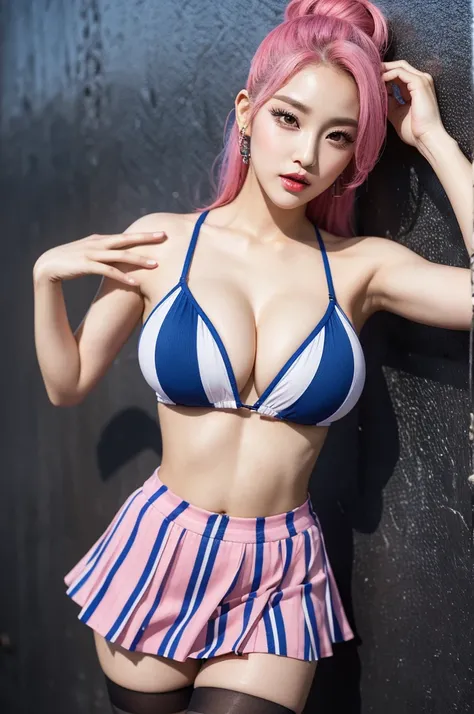 best quality, Clarity, 4k, 8k, detail, actual K-pop stars, group photo:1.5, 5 K-pop superstars 22 year old ultra sexual angelic horny and incredibly gorgeous supermodel Girls standing together, (Korean makeup:1.3), Red lips, high quality hands, pink and bl...