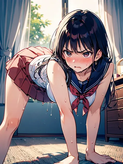 masterpiece, Highest quality, 8k Sailor Mars, ((all fours)), Pleated skirt, My Room, (Angry face, blush, Sweat, pussy Juice:1.3,), standing, navy long hair, Big Breasts, Bend your knees, pubic hair
