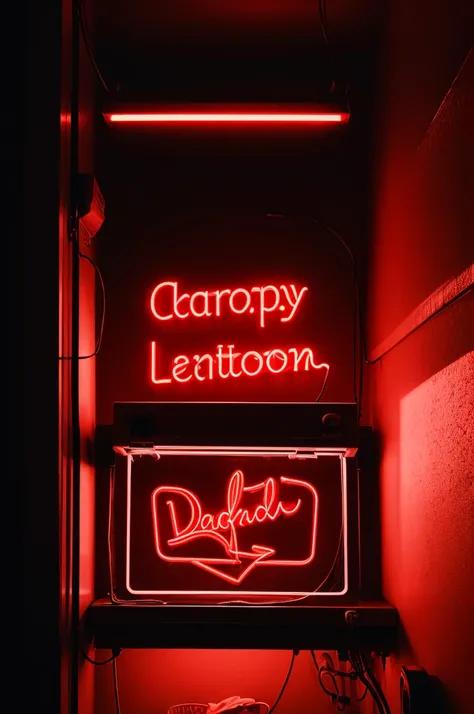 Red neon sign reading DARKROOM 
