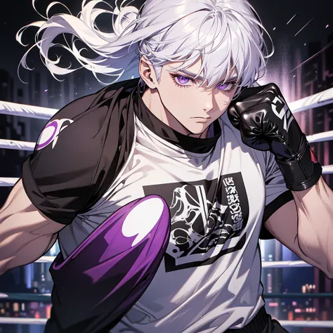 (best quality, High resolution), Super detailed, pure white hair, messy, violet eyes, magic, bright colors, Wear all black, t-shirt，Boxing gloves，man，Strong，boxing gloves，round shiny boxing gloves