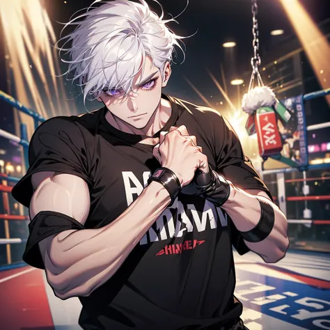 (best quality, High resolution), Super detailed, pure white hair, messy, violet eyes, magic, bright colors, Wear all black, t-shirt，Boxing gloves，man，Strong，boxing gloves，round shiny boxing gloves