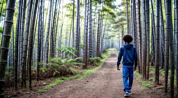 image of a black male teenager, 12 years old - wears a cotton knit sweatshirt - dark gray long sleeves - no print - short curly curly hair - wears faded matte red long pants - - runs barefoot with his back to the camera alone inside the forest - a Blue mor...