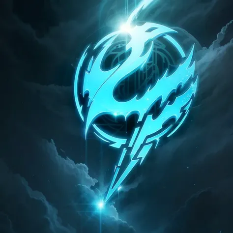 a symbol using a thunder design, a highlighted ray, lightning cutting through everything, very simple for a lightning faction in an RPG world, thunder emblem, only light blue color, hectic, frantic, posh, high qualiy, com fundo branco