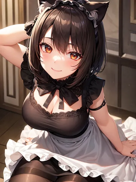 woman,smile,Bob Hair, Dark brown hair,Large Breasts,Maid clothes,Short sleeve,I can see the valley.Cute black gloves,Cat ears headband,Wear tights,Dark brown hair,Large Breasts,maid Cafe
