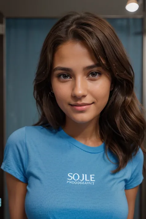 ultra realistic photo, beautiful woman, 22 years old, tanned skin, wavy brown hair, smille, (dressing a Blue social shirt)), profissional photo, at photography studio, gray backbround, face high definition, 8k