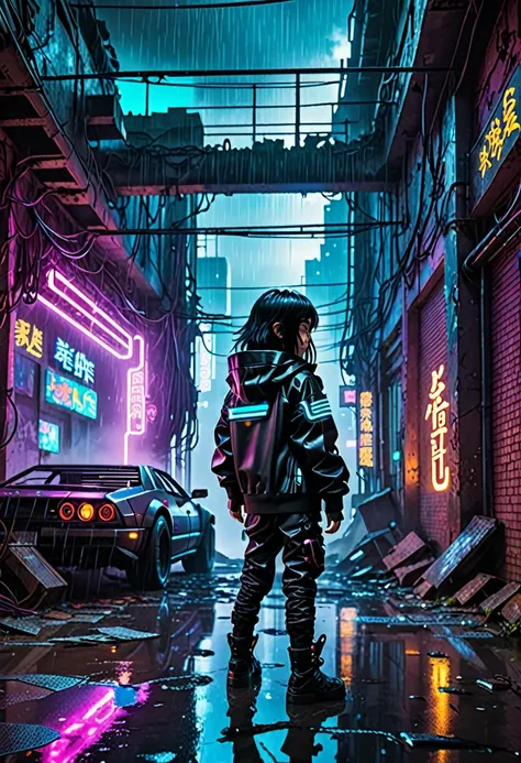 Cyberpunk city night。Inside an abandoned building。The weather is rainy。A small boy with long black hair dressed in a futuristic outfit is about to be killed and is looking in the direction of the camera.。
Neon lights and steam float through the ruins.