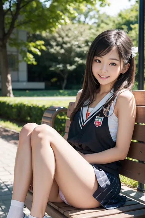 Pure Japanese school girl, sexual attractive, outstanding body, beautiful legs, shiny white skin, wearing loose uniform, panty, natural hairstyles, sweet smile, sitting on bench, refreshing in early summer morning, composition from the front, 