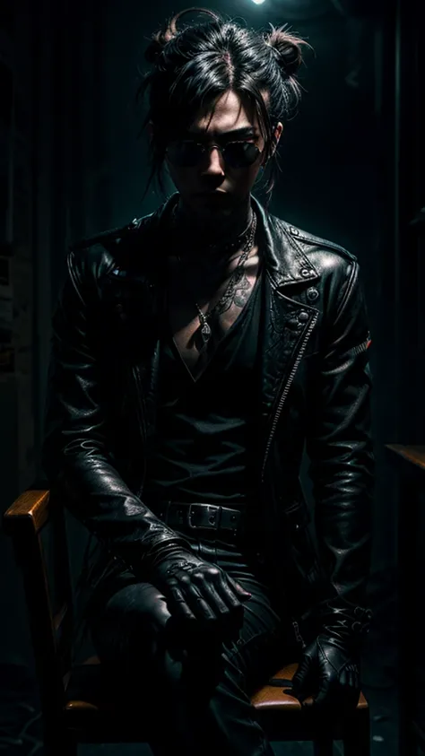 a stylish korean man with long hair tied in bun, wearing black round sunglasses, black leather gloves, dark clothing, sitting on a chair in a dark environment, dynamic point of view, best quality, ultra-detailed, photorealistic, vivid colors, dramatic ligh...