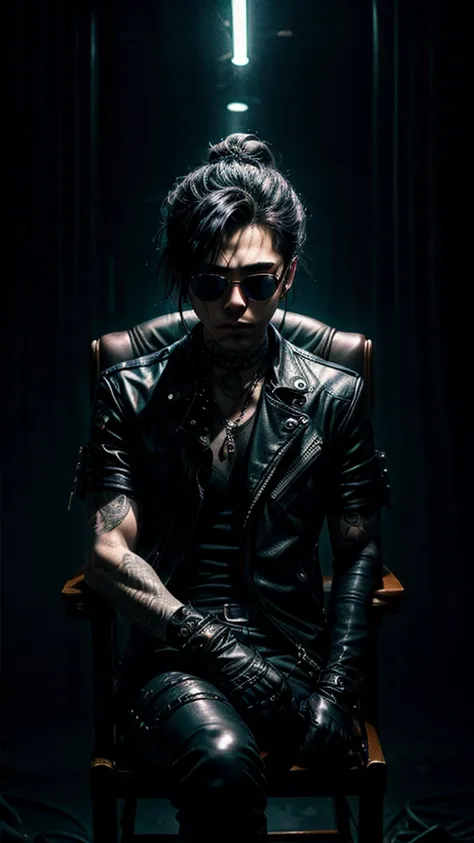 a stylish korean man with long hair tied in bun, wearing black round sunglasses, black leather gloves, dark clothing, sitting on a chair in a dark environment, dynamic point of view, best quality, ultra-detailed, photorealistic, vivid colors, dramatic ligh...