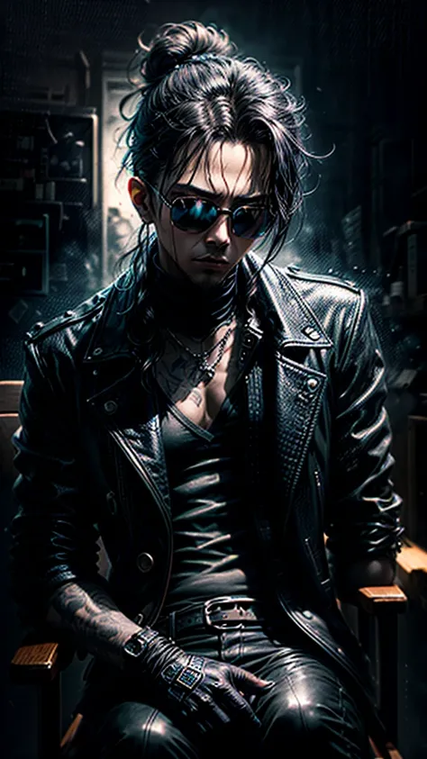 a stylish korean man with long hair tied in bun, wearing black round sunglasses, black leather gloves, dark clothing, sitting on a chair in a dark environment, dynamic point of view, best quality, ultra-detailed, photorealistic, vivid colors, dramatic ligh...