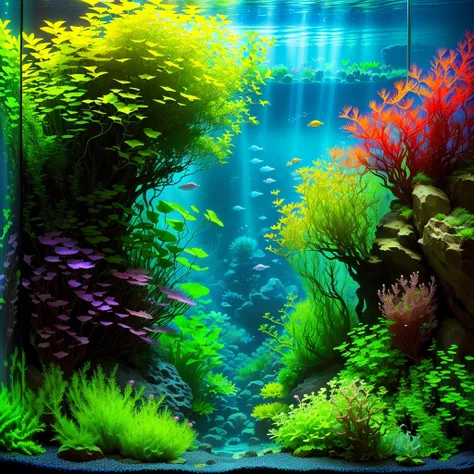 there is a Aquarium with plants and rocks in it, overgrown with aquatic plants, aquatic plants, colorful picturesque environment, aquatic plants, underwater plants, Iwagumi Waterscape, Aquarium life, Aquarium, beautiful environment, lush, deep vivid colors...