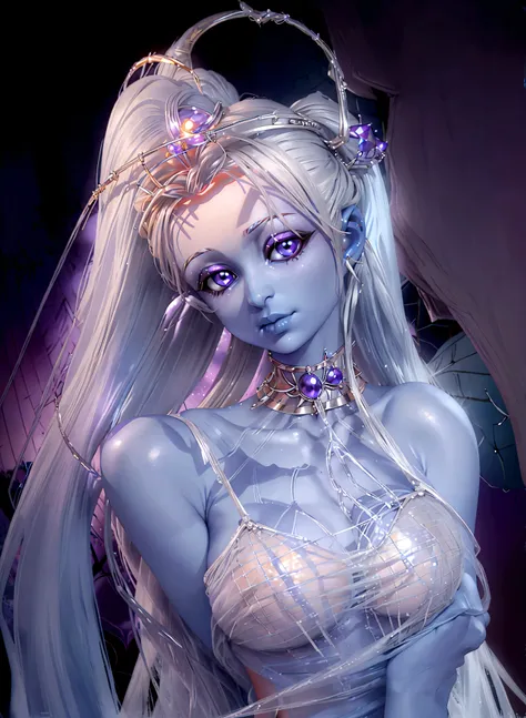 A moon elf greatly resembling Paris Hilton (age 25, blue skin, violet eyes, silver hair, sheer spider silk lingerie, silver body jewelry) is walking through a spider infested haunted woods, webs obscure the moon and carpet the ground. Immense webs and spid...