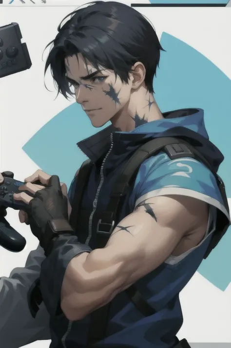 A character with scars on his face with a video game controller in his hand 