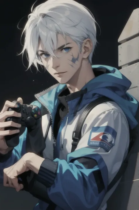 A character with scars on his face with a video game controller in his hand 