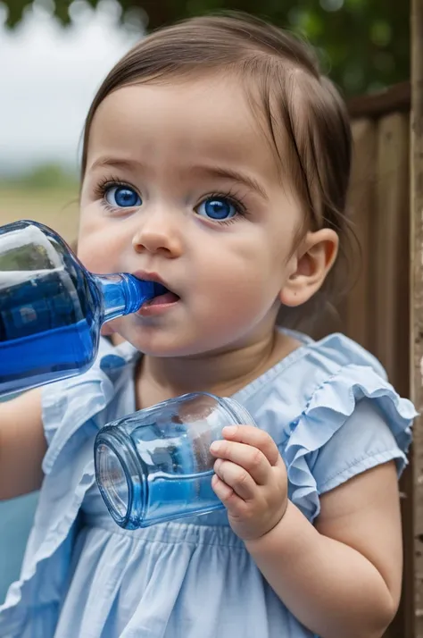 A blue-eyed baby girl drinking a bottle 