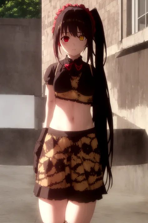 (​masterpiece、top-quality、hight resolution)、 Real life adaption for this character, Masterpiece, high quality, best lighting, 1girl, tokisaki kurumi, hair, ponytail, ((right eye red, left eye yellow)), (hotpants), (perfect body), (((big thigh))), looking a...