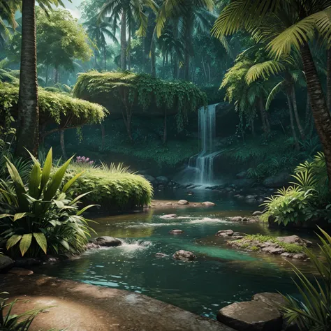 unreal engine 5 render, jungle, river, flowers, extremely detailed, colorful