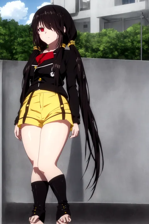 (​masterpiece、top-quality、hight resolution)、 Real life adaption for this character, Masterpiece, high quality, best lighting, 1girl, tokisaki kurumi, black hair, low twintails, ((right eye red, left eye yellow)), (hotpants), (perfect body), (((big thigh)))...