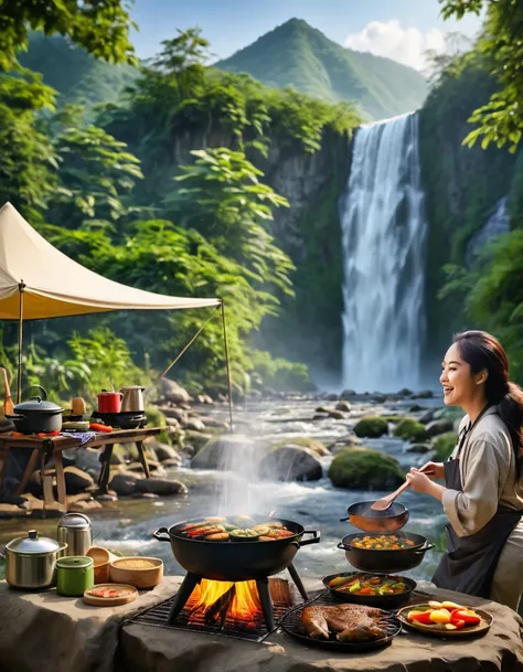 a women cooking food with eagg and grill bqq, background river forest waterfall and mountain with tent, realistic photo