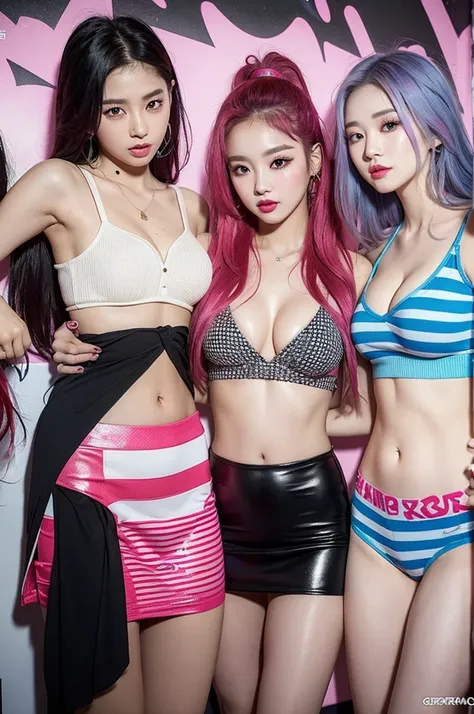 best quality, Clarity, 4k, 8k, detail, actual K-pop stars, ((group photo:1.5)), 5 K-pop superstars 22 year old ultra sexual angelic horny and incredibly gorgeous supermodel Girls standing together, (Korean makeup:1.3), Red lips, high quality hands, pink an...