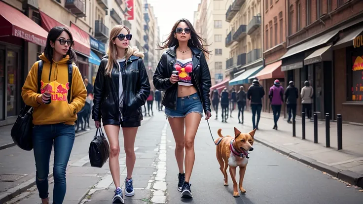 create an image of a dog walking through the streets with a cigarette in its mouth, drinking redbull and looking at girls&#39; butts