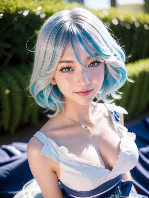 Furina from Genshin Impact, 18 years old girl, (Raw photo, Best Quality), (Realistic, Photorealsitic:1.3), masterpiece, Extremely delicate and beautiful, Soft light, (beautiful white and blue hair, Shoulder-length straight hair swaying in the wind), Beauti...