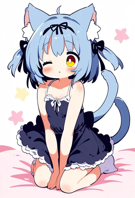 1girl, 🎀, cat ears, cat tail