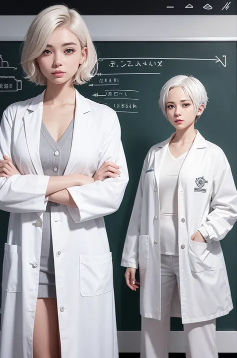 Twenty year old woman character with short white hair wearing a lab coat with hand drawn style