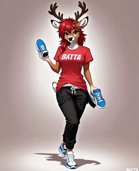 Sexy,Solo female,, messy red hair with black tips, brown eyes, deer antlers, brown deer ears, red shirt, white t-shirt black pants, sneakers, a bacta in her hand.