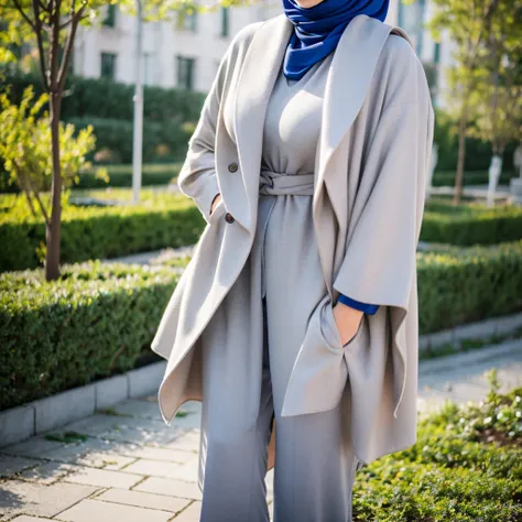 ( Close Up),RAW, Best quality, high resolution, masterpiece: 1.3), beautiful Malay woman in hijab,Masterpiece, perfect slim fit body, Huge breast,big gorgeous eyes, Soft smile,thick thighs, women wearing a blue coat and white shirt, multilayered outfit, ca...