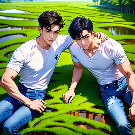 2 men, smile, (Wear a white round neck shirt., short sleeve shirt ยี่ห้อ under armor), (Jeans), (Korean guy) , 23 years old handsome korean men, (Lifelike lighting),  looking at the audience, Balancing the eyeake eye contact), (rice paddies), (ทุ่งrice pad...