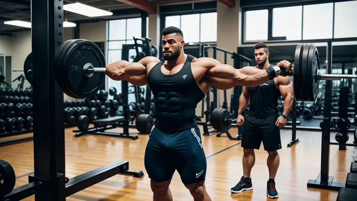 A standing bodybuilder showing his huge thights in a gym ambient