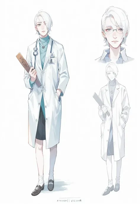 Twenty year old woman character with short white hair wearing a lab coat with hand drawn style