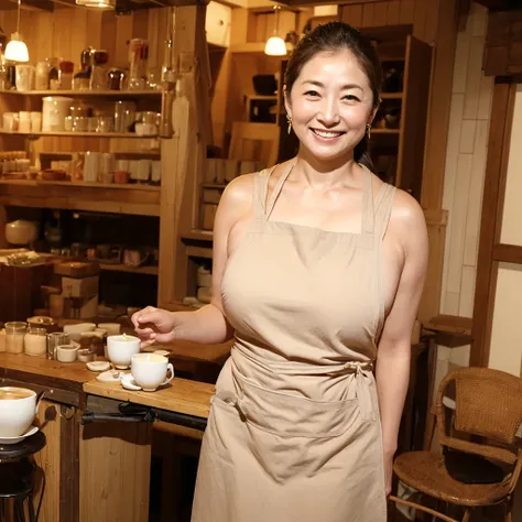 Osakas aunt、Organic Photography、Highest quality、masterpiece、Ultra-high resolution、Beautiful Japan lady、50 years old、Looking at the audience、Elegant face、Smiling with teeth showing、Naked but wearing an apron、Large Breasts、Too big breasts、Ponytail Hair、、Earr...