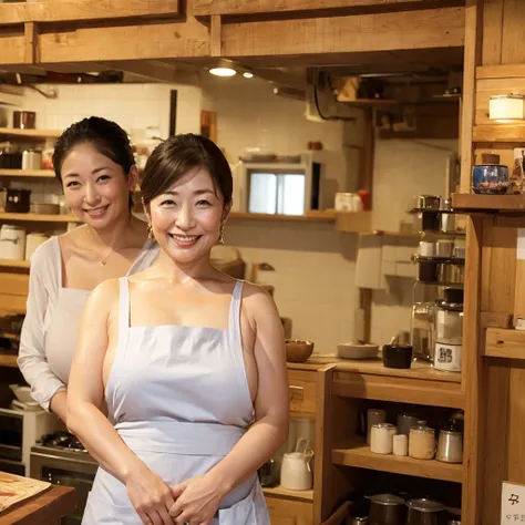 Osakas aunt、Organic Photography、Highest quality、masterpiece、Ultra-high resolution、Beautiful Japan lady、50 years old、Looking at the audience、Elegant face、Smiling with teeth showing、Naked but wearing an apron、Large Breasts、Too big breasts、Ponytail Hair、、Earr...