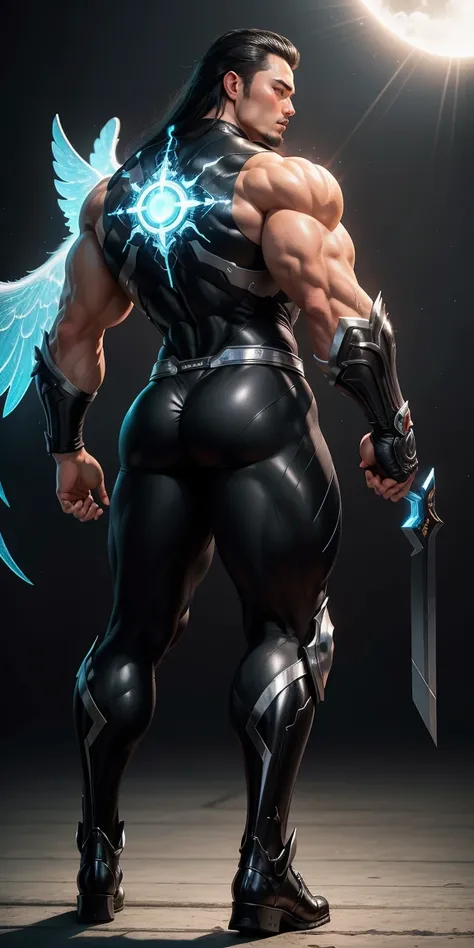 A vista traseira grande um particularmente Cao Cao, gigant ass, and muscular hero，Glossy Black Nano Mecha Net Pattern，The back is opened with colorful light effects surrounding gigant ass mechanical wings.，round buttocks，Cao Caolights，Character Idea（Invinc...