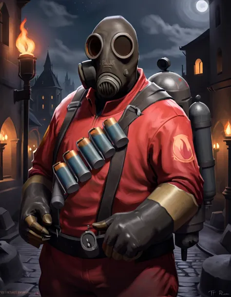 digital painting, portrait, painting of tf2pyro in a gothic city, redteam, red jacket, gas mask, night, huge breasts