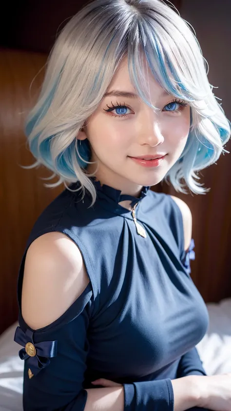 Furina from Genshin Impact, 18 years old girl, (Raw photo, Best Quality), (Realistic, Photorealsitic:1.3), masterpiece, Extremely delicate and beautiful, Soft light, (beautiful white and blue hair, Shoulder-length straight hair swaying in the wind), Beauti...