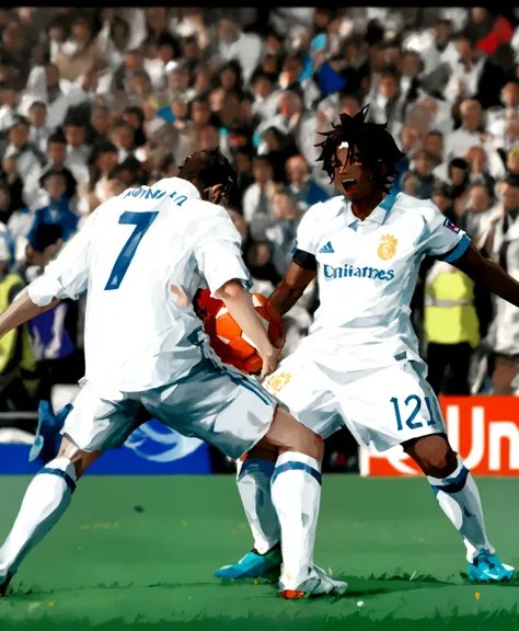 there are two men playing soccer on a field with a crowd watching, celebrate goal, 😃😀😄☺🙃😉😗, the best ever, attacking, very clear picture, very excited, madrid, victory lap, 💣 💥💣 💥, very very happy!, competition winning, 🌻🎹🎼, unknown, wining, bony, 8k hq, r...