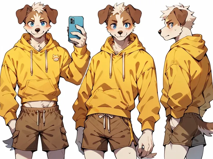 score_9, score_8_up, score_7_up, high quality, hires, anthro, male, domestic dog, folded ears, white fur, brown ears, mostly white fur, blue eyes, athletic, yellow hoodie, brown shorts, white background,